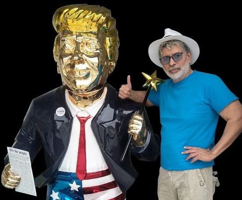 Golden Trump Statue and art agent Jose Mauricio Mendoza