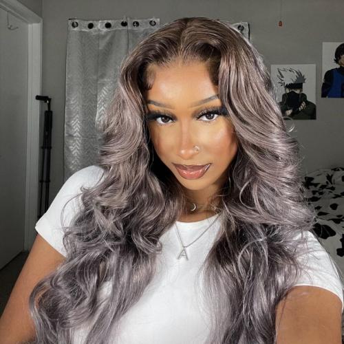 ash violet with brownish babylights body wave wig